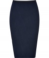 Detailed in denim-effect stretch wool for a contemporary look and immaculate fit, Donna Karans sleek pencil skirt counts as a workweek must - Black elasticized waistband, hidden back zip, kick pleat, denim-effect wool-blend - Form-fitting - Wear with feminine tops and sky-high platform peep-toes