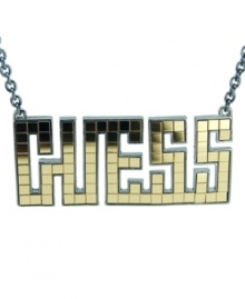 What's in a name? GUESS spells it out with this chic logo necklace. Made in hematite tone mixed metal, it features an eye-catching mirror tile motif. Approximate length: 16 inches + 2-inch extender. Approximate drop: 1-1/4 inches.