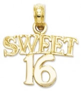 The perfect birthday gift to commemorate a special day. This charm features the words Sweet 16 in 14k gold. Chain not included. Approximate length: 7/10 . Approximate width: 3/5 inch.