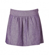 Flirty grape linen mini skirt from Theory - Bring subtle sexy back to your day look with this micro-mini skirt - Banded waist with pleating, slit pockets, super short style, hidden side zip closure - Pair with ribbed wool tights, a cashmere pullover, and knee-high wedge boots