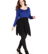 Spice up your leggings with Style&co.'s plus size tunic sweater, showcasing a colorblocked design and handkerchief hem.