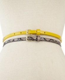 Here's the skinny: 2 super slender belts to add splash and panache to your everyday outfitting. Solid and studded or reptilian and ravishing, now you don't have to choose. From Steve Madden.