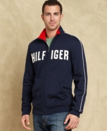 Let this sporty track jacket from Tommy Hilfiger set the pace for your fall style.