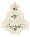 Trim the tree. A perfect host for chips, candies or dips, this divided server is trimmed with gold and a holly motif to match the beloved Lenox Holiday dinnerware collection.