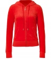 Paint color into your casual attire with this bright red velour hoodie from Juicy Couture - Hooded, front zip closure, long sleeves, split kangaroo pocket, slim fit - Pair with matching pants, favorite jeans, or mini-skirts