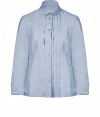 Dashing and demure, this pleat-front silk blouse from Jil Sander Navy injects old-fashioned elegance into your workweek style - Small Peter Pan collar, bracelet-length sleeves, front button placket with pleated pintucks - Tailored silhouette - Pair with cropped trousers or a figure-hugging pencil skirt