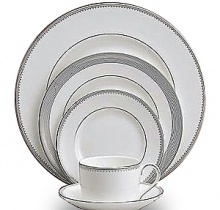 A beautiful collection for formal dining in white fine bone china with delicate platinum-hued rim accents.