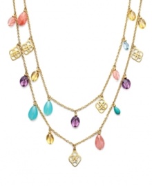 Add a dash, or a splash, of color! Lauren by Ralph Lauren's ultra-long necklace features multicolored glass, resin and reconstituted turquoise beads with filigree charms strung from a delicate chain. Crafted in gold tone mixed metal. Approximate length: 40 inches.