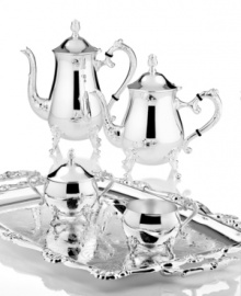 An engraved tray, double-handled beverage servers and other traditionally appointed accessories lend Godinger's resplendent silver-plated coffee set to your most elegant dining occasions.