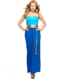 Make a fierce fashion statement with this jumpsuit from Rampage that sports a tasseled belt and on-trend colorblocking!