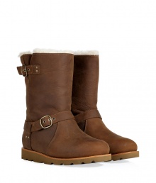 Rugged yet stylish, these sturdy-soled leather boots from UGG Australia boast a cozy shearling lining and a resilient waterproof exterior - Chunky rubber sole, stylishly distressed sheepskin leather, buckle details at ankle and shaft, shearling lining, back logo tag - Calf height - Style with slim jeans, an oversized cashmere pullover, and a sleek parka