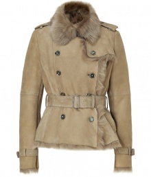 Timeless classic styling gets a chic urban remake in Burberry Londons camel shearling jacket, tailored to perfection with an impeccable short cut - Fur collar, long sleeves, belted cuffs, double-breasted buttoned front, epaulettes, gun flap, rain shield, belted waistline, belt loops, tailored fit - Pair with edgy separates and contemporary color-pop footwear