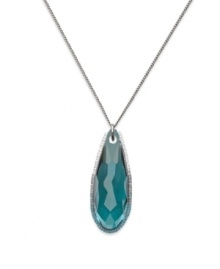 With a crystal pendant that's the color of the Caribbean Sea, Swarovski's aqua crystal drop necklace will transport you to a tropical vacation whenever you wear it! Made in ruthenium tone mixed metal. Approximate length: 19 inches. Approximate drop: 1 inch.