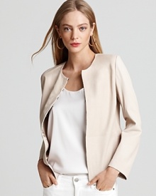 The luxurious update to your wardrobe the new season requires, this buttery Vince leather jacket arrives in a soft, spring hue for picture-perfect chic.