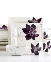 Hand-painted purple and white flowers sprawl across this square dinnerware set, giving your tabletop a contemporary vibe. In glazed earthenware, the Anna Plum set from the Laurie Gates collection of dinnerware and dishes is an easy way to spruce up your decor for small gatherings or quiet nights at home.