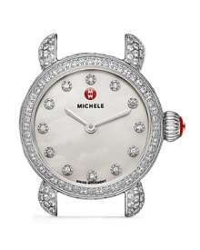 Michele's stainless steel watch brings the elegance, boasting a diamond-encrusted bezel and mother of pearl dial. Clock in -- this piece glides from day-to-night without missing a tick.