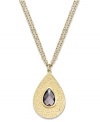 A drop of luminous sun from Lauren Ralph Lauren. This pendant necklace displays a faceted resin bead in amethyst hues, set on a teardrop silhouette. Crafted in 14k worn gold-plated mixed metal. Approximate length: 18 inches + 2-inch extender. Approximate drop: 1-1/2 inches.