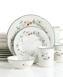 Create a serene winter scene with this festive motif from Pfaltzgraff. This set of dinnerware and dishes has holly leaves and bright red berries that are accented with raised details and a green rim.