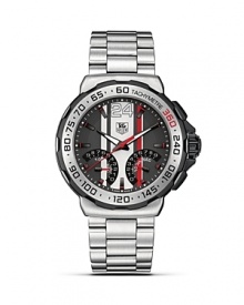 This Formula 1 Watch features a 44mm case and fine brushed steel bracelet. The black dial is accented with red and silver racing stripes and features a chronograph, tachymeter and a unidirectional rotating bezel.