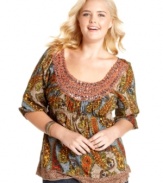 Revamp your casual style with One World's three-quarter-sleeve plus size top, featuring a sequined neckline.