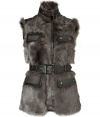 With its textural mix of fur and leather, Belstaffs belted vest is an ultra luxurious take on timeless-classic utility style - Belted stand-up collar with kalgan lamb fur trim, snapped flap pockets, two-way front zip and snap closures, tonal leather trim throughout, belted waistline, satin detailed lining - Tailored fit - Team with flawless separates and chic weather boots for an ultra luxe take on cold weather chic