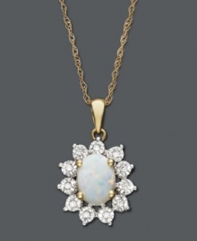 Capture the pristine elegance of opal. This pretty pendant features an oval-cut opal (3/4 ct. t.w.) surrounded by a sparkling halo of diamond accents. Crafted in 14k gold and 14k white gold. Approximate length: 18 inches. Approximate drop: 1/2 inch.