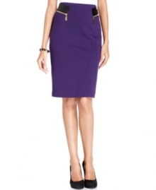 Alfani's petite pencil skirt features chic gold zippers and faux leather insets to give it a style boost.