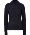 Timeless-classic styling gets a contemporary cool twist in Marc by Marc Jacobs modern cable knit pullover - Stand-up collar, long sleeves, ribbed trim, buttoned shoulder seam - Slim straight fit - Mix with contrast textures, and pair with leather separates and rich velvety accessories