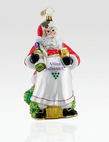 Perfect for wine enthusiasts, this ornate glass Santa makes a toast to a holly jolly Christmas. Hand-blownHand-painted6 tallMade in Poland