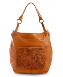 A lovely lace design accents this free-spirited bag for a casual yet refined feel. A boho shape and aged goldtone hardware perfectly complete this everyday design.