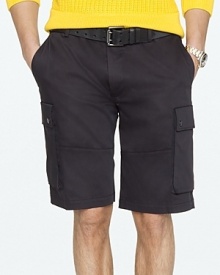 Luxuriously crafted in stretch cotton satin with the trim-fitting proportions that define Black Label, a handsome cargo short exudes rugged yet refined style.