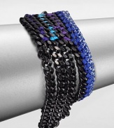 Inspired by cultures and travels around the world, this thread accented link chain design is elegant, yet colorful. Matte black-plated brassPolyester threadLength, about 6Lobster clasp closureMade in USA