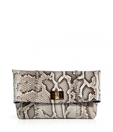 Laced seams and luxe python make this Emilio Pucci clutch a sure-fire statement-maker - Fold-over style, front flap with logo turn-lock closure, inside zippered back wall pocket - Pair with leather leggings, an oversized blouse, and platforms