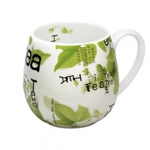 Whimsical drinkware to add fun and color to the table. Konitz mugs feature the highest quality color and glaze. This cozy mug has a collage of tea leaves a different scripts of tea written all over.