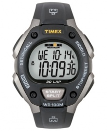 From training to timekeeping, this Timex watch covers all the bases. Black and gray resin strap and round case. Digital display dial with INDIGLO and stopwatch. Quartz movement. Water resistant to 100 meters. One-year limited warranty.