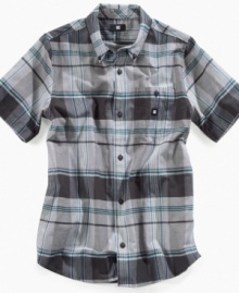 Give his back-to-school wardrobe a streetwear spin with a button-down shirt in rad plaid from DC Shoes.