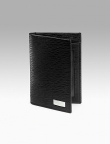 Stamped calfskin credit card holder has two card slots and one ID window. 3W X 4¼H Made in Italy