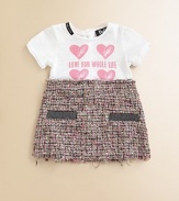 A sweet heart print tee on top and a chic, chunky tweed below create a charming combination for your young style maven.Round necklineShort sleevesFront screenBack buttonsTweed skirt frayed at waist and hemFaux pocket openings54% cotton/38% viscose/6% polyamide/2% acetateDry cleanImported