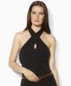 Lauren by Ralph Lauren's sleek jersey top is crafted with a crossed halter neckline for modern appeal.