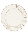 Abstract markings in soft shades of khaki frame the glazed white Campania dinner plates for unconventional elegance. From Noritake dinnerware, these dishes are trimmed with matte platinum for modern polish on casual and formal tables alike.