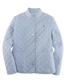 An essential cool-weather coat is rendered in diamond-quilted seersucker for preppy style.