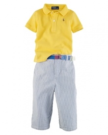 A truly timeless set, a classic polo shirt is paired with a lightweight seersucker pant and a madras belt for a perfect preppy ensemble.