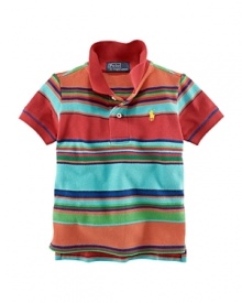 A colorful array of horizontal stripes turns a classic mesh polo into a new favorite.