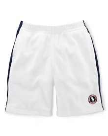 A preppy short rendered from soft cotton mesh is accented with side-seam stripes and a signature Ralph Lauren pony emblem, celebrating Team USA's participation in the 2012 Olympics.