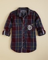 The plaid sport shirt is updated with an oversized GUESS Kids logo at the left chest and diagonal check trim along the placket.