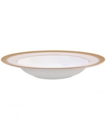 Noritake makes any occasion memorable with the opulent Odessa Gold rim soup bowl. Wide bands of etched gold and pale gray with delicate blooms adorn classic bone china.