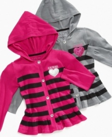 Allover stripes and ruffles at the hem, these Guess hoodies give her a sweet way to get her style on.