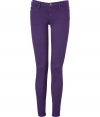 Channel of-the-moment style in these bold-hued skinny jeans from cult denim line Current Elliott - Classic five-pocket styling, skinny leg, ankle-length, bold purple color - Pair with an asymmetric hem top, a denim jacket, and platform heels