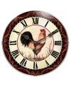 Keep country time with the Chanticleer wall clock and nature's renowned early riser. Featuring a handsome rooster, Roman numerals and a decorative vine-like border. A convex lens protects the clock's face and metal hands.