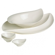 6 piece set includes: one 19.5 serving plate, one 14 serving bowl, four 4.75 dip bowls.